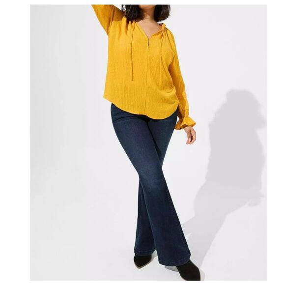 Torrid Long Sleeve Stripe Gauze Lace-Up Peasant Blouse Casual Top Yellow Size 2X - Picture 1 of 12